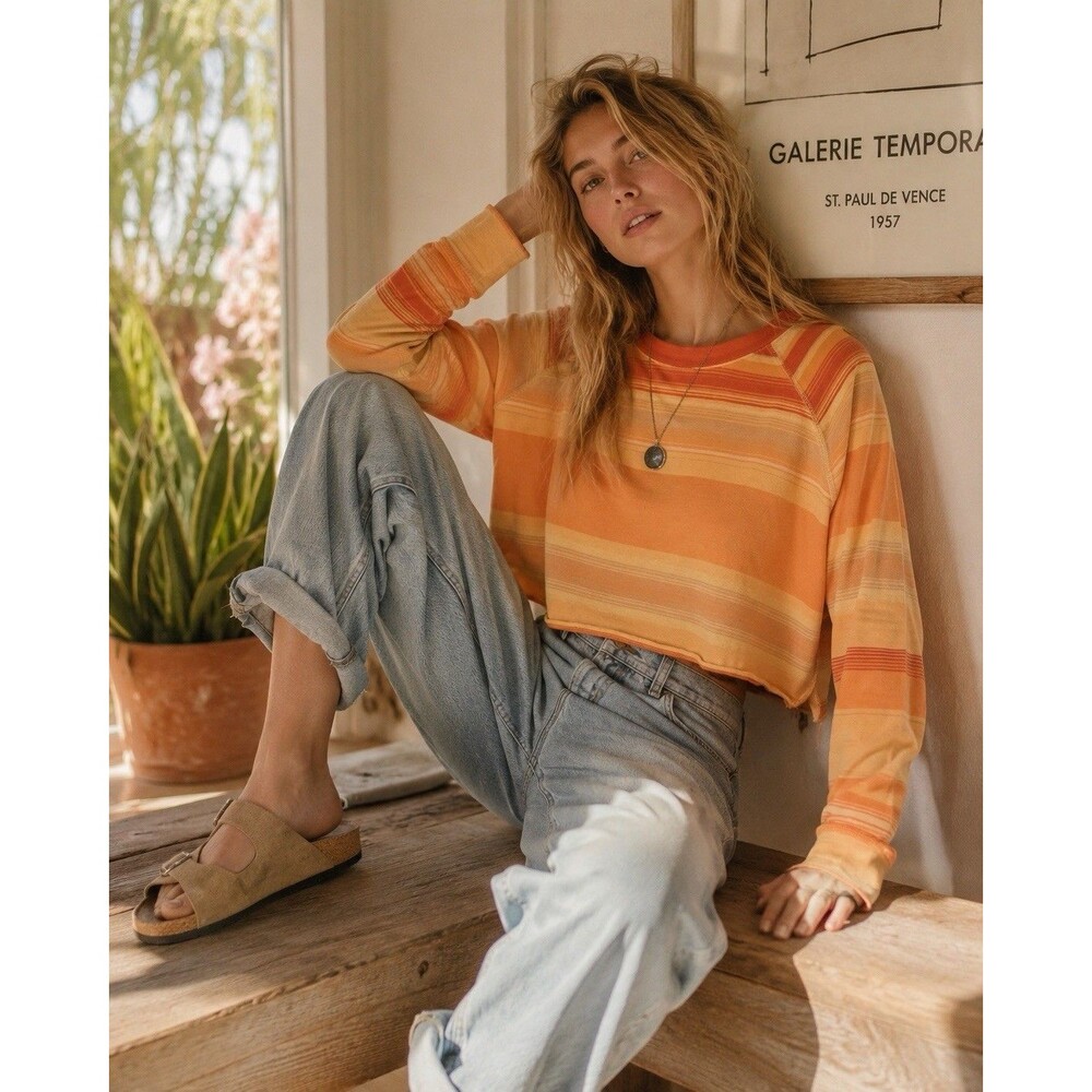We The Free Orange Stripe Cropped Sweatshirt Small Raw Edge Boho Beach Oversized